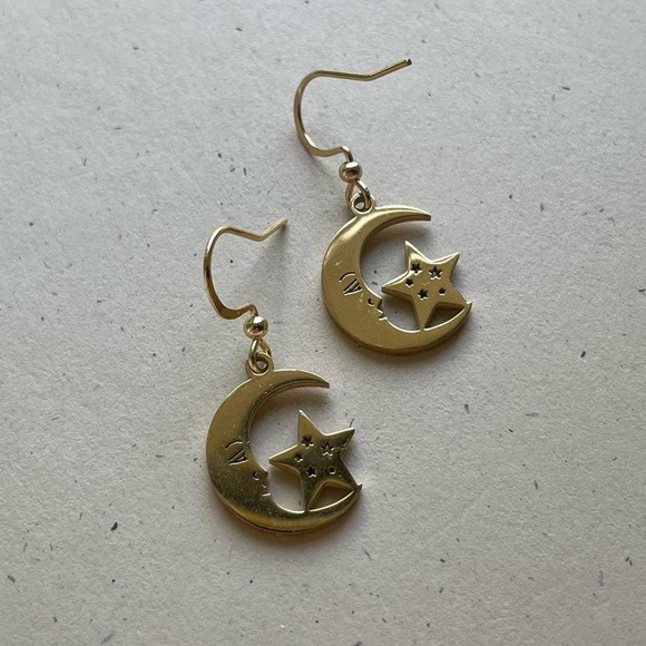 Gold Moon and Star Dangle Charm Earrings - Picture 3 of 5